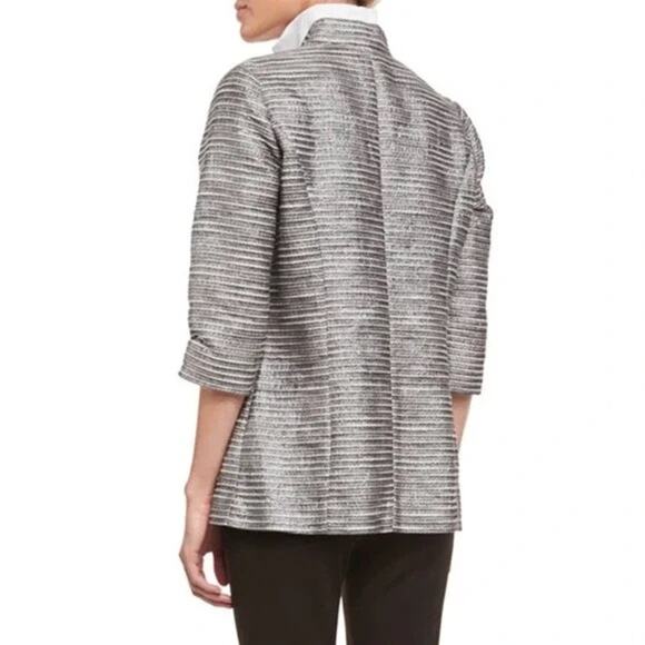 Misook Silver Linings Metallic Silver & Gray Textured Collarless Open Jacket - Picture 2 of 13